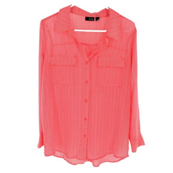ANA A New Approach Chiffon Button Down Top Size Medium Neon Orange White Hearts - Picture 1 of 7